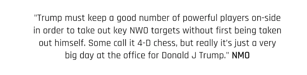 "Trump must keep a good number of powerful players on-side in order to take out other key players and NWO targets without first being taken out himself. Some call it 4-D chess, but really it’s just a very big day at the office for Donald J Trump." New Moral Order Quote