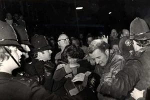 Members of The Peaedophile Information Exchange PIE being pelted with eggs in the 1970s.