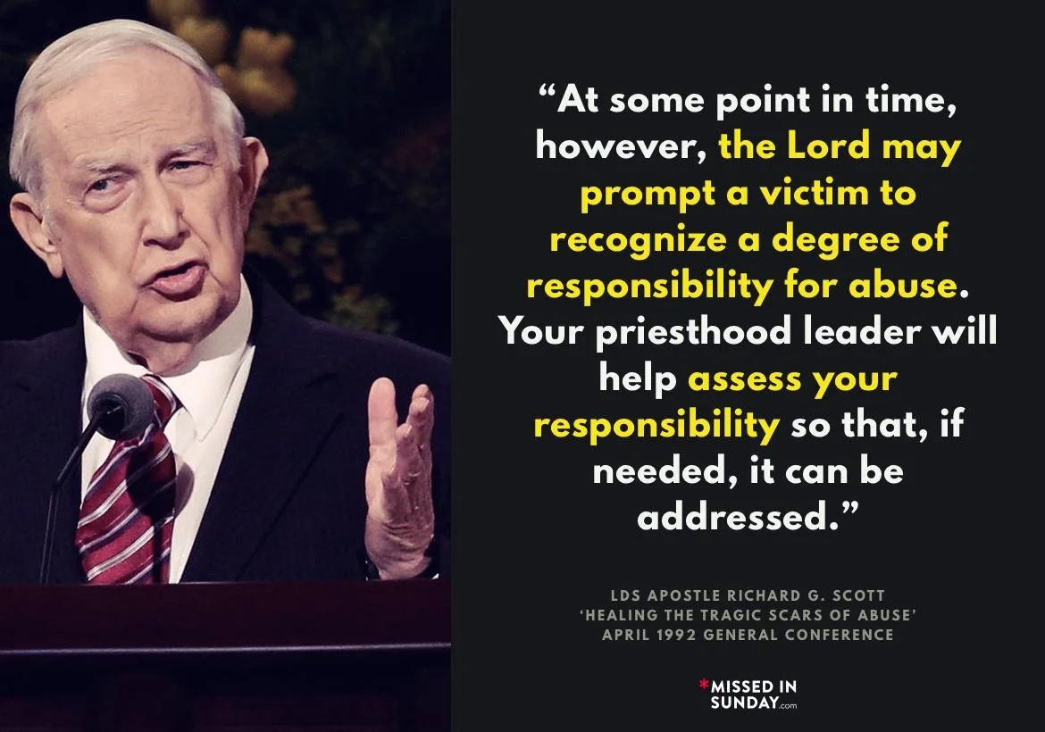 Mormon leader tells victims to share blame and let church elders assess victim's responsibility and whether abuse should be reported.