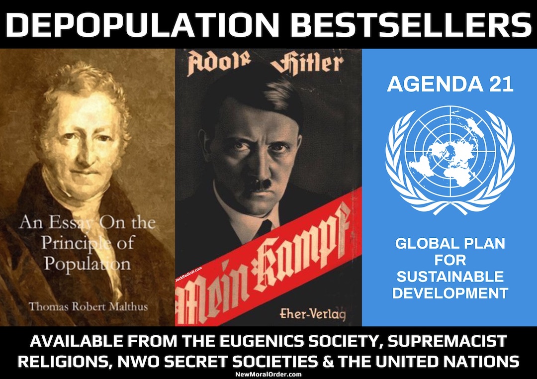 Depopulation Bestsellers. An Essay on the Principle of Population by Thomas Malthus; Mein Kampf by Adolf Hitler; and Agenda 21 and 30 - Global Plan for Sustainable Development by The Club of Rome and the United Nations.
