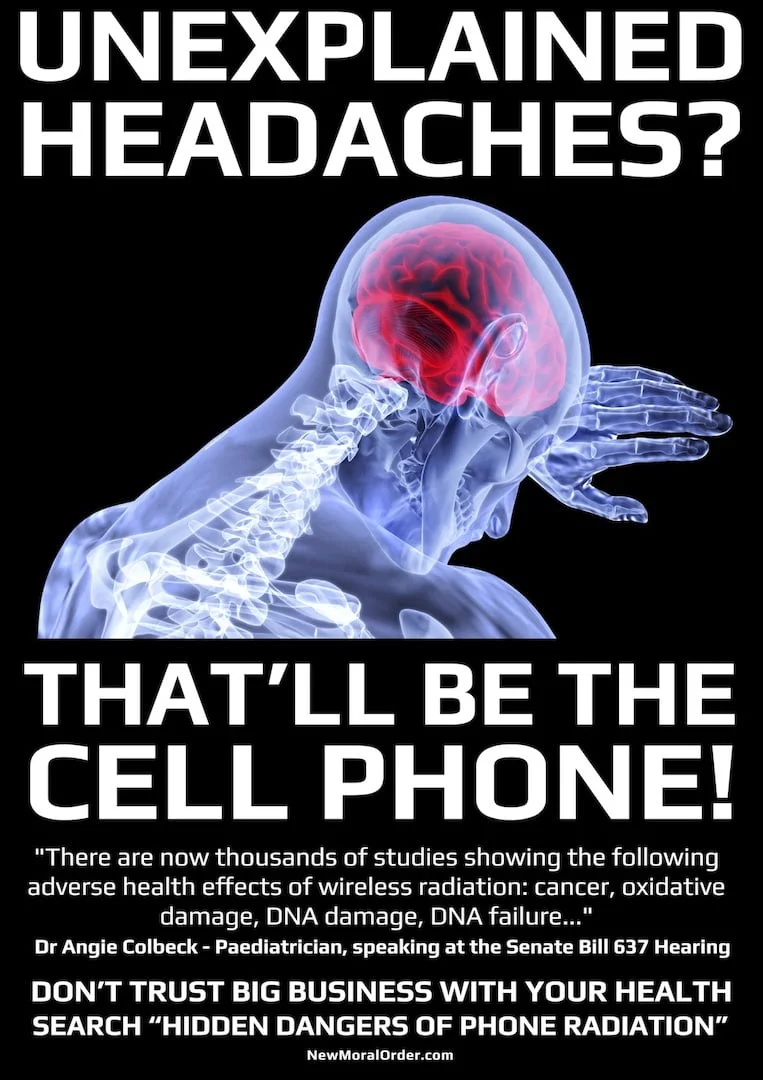 UNEXPLAINED HEADACHE? That'll Be The Cellphone. "There are now thousands of studies showing the following adverse health effects of wireless radiation: cancer, oxidative damage, DNA damage, DNA failure..."  Dr Angie Colbeck - Paediatrician, speaking at the Senate Bill 637 Hearing. DON'T TRUST BIG BUSINESS WITH YOUR HEALTH. SEARCH "HIDDEN DANGERS OF PHONE RADIATION"