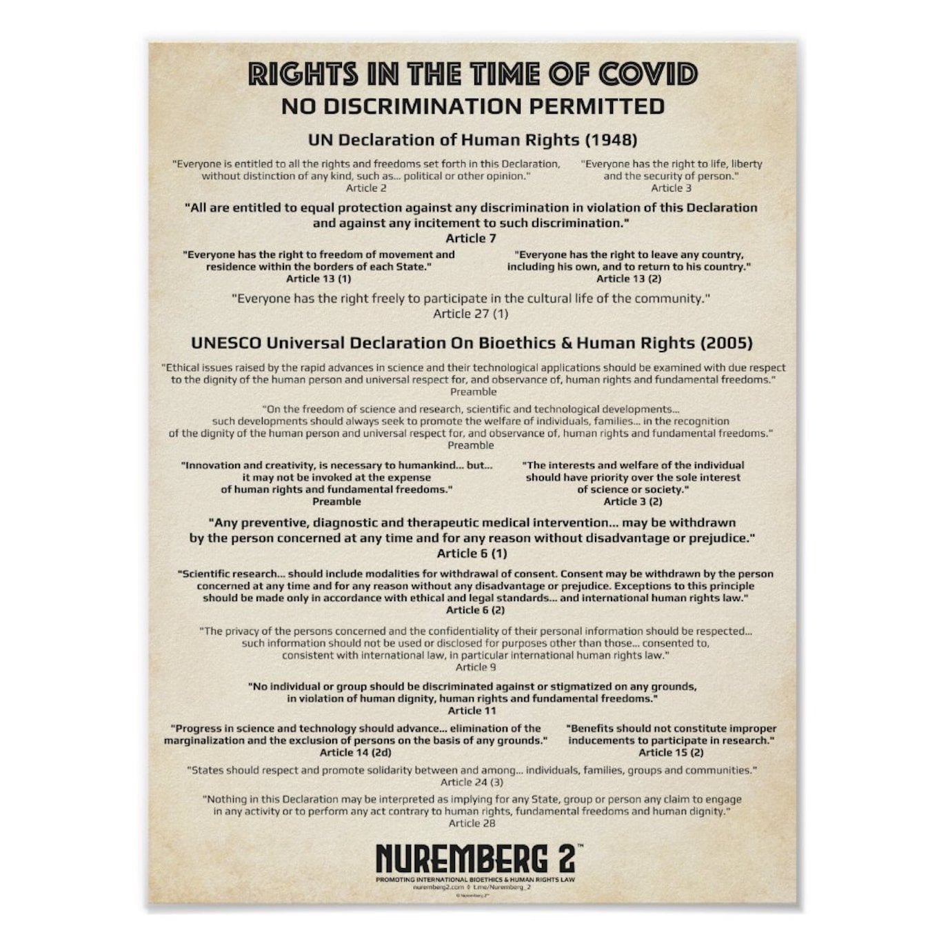 No Discrimination - Bioethics & Human Rights Poster, for shops windows, offices, public message boards and for home. Providing the key Bioethics and Human articles in respect to discrimination.