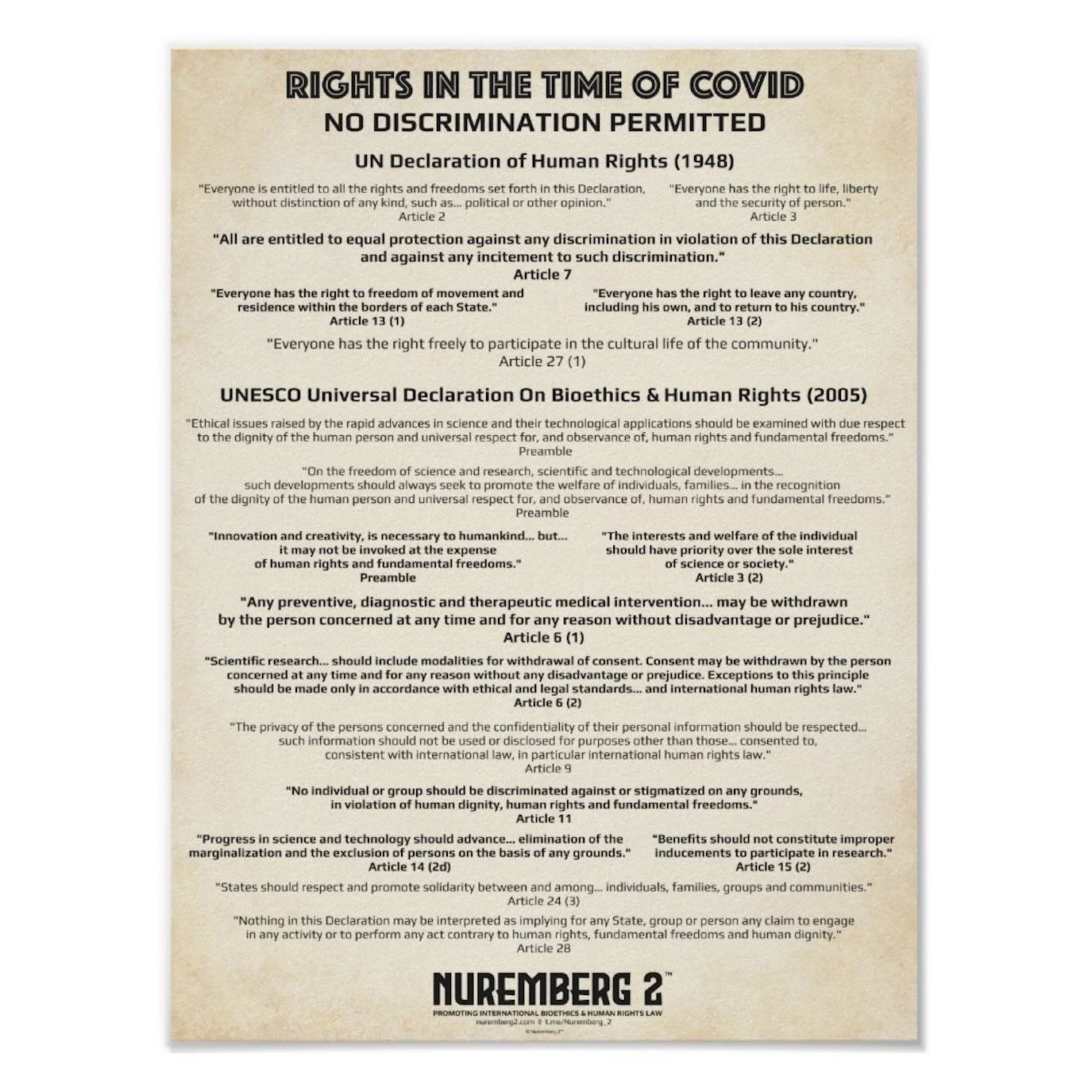 No Discrimination - Bioethics & Human Rights Poster No Discrimination - Bioethics & Human Rights Poster, for shops windows, offices, public message boards and for home. Providing the key Bioethics and Human articles in respect to discrimination.