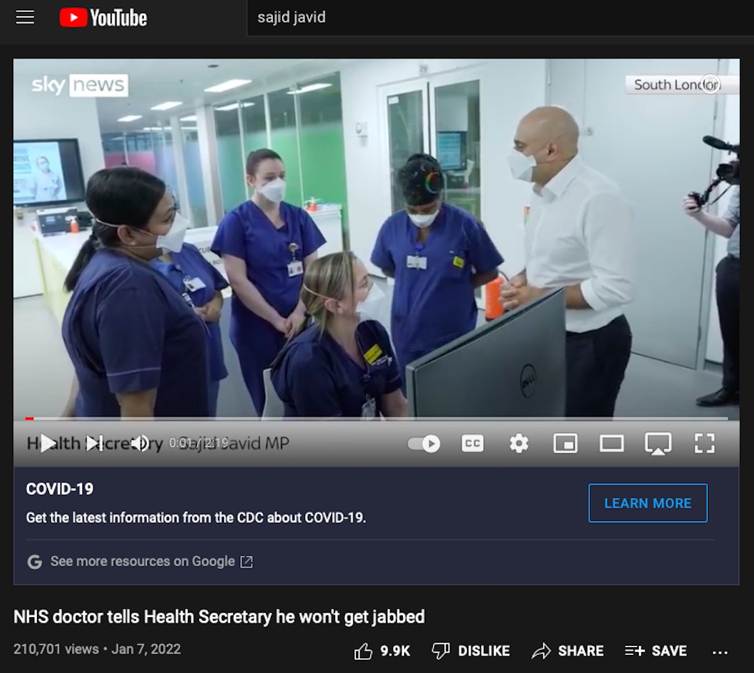 One Good Doctor and 5 Awake Nurses Prescribe the Red Pill to the UK's Minister for Health Youtube Screenshot showing 100% of 10,000 people approved of the Dr. Stephen James and the nurses.