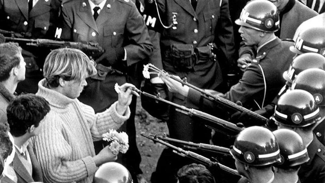 New Moral Order™ Daily Co-contemplations for World Peace. Image - 1960s anti-war activist placing a flower in the barrel of a soldier's gun.