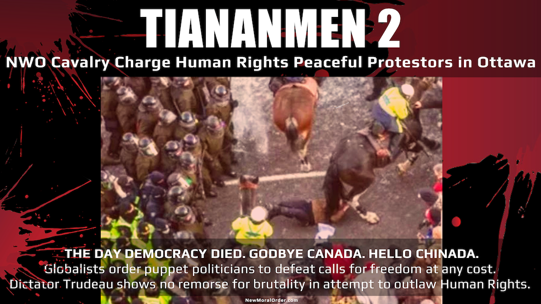 Tiananmen 2 - NWO Cavalry charge Human Rights peaceful protestors in Ottawa Feb 18, 2022. THE DAY DEMOCRACY DIED. GODBYE CANADA. HELLO CHINADA. Globalists order puppet politicians to defeat calls for freedom at any cost. Dictator Trudeau shows no remorse for brutality in attempt to outlaw Human Rights.