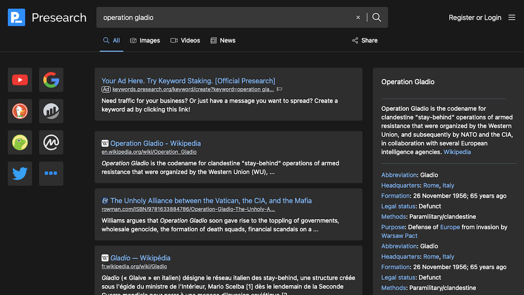 Presearch.org. A 'genuine' search engine alternative to Google and DuckDuckGo, which censor your searching.