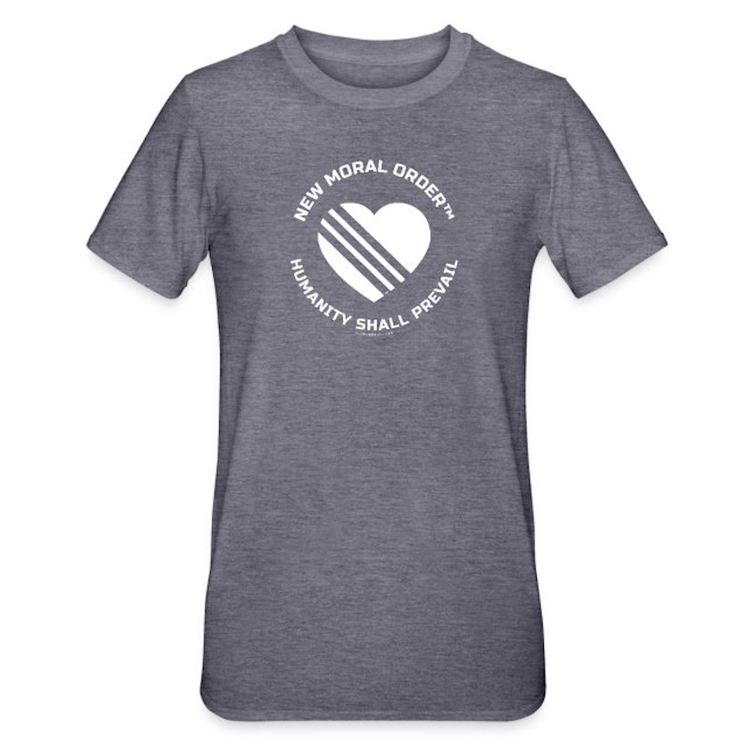 New Moral Order™ Circle Heart Logo (White) Heather Navy Unisex Polycotton T-Shirt UK Store.