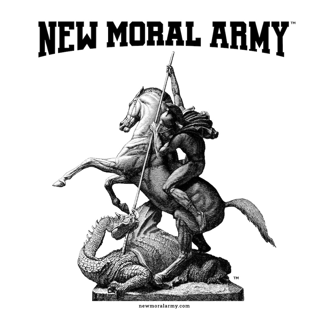 NEW MORAL ARMY™ Saint George & Dragon Half Curved Text (Black on White).